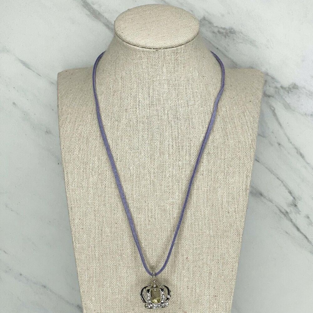 Rhinestone Caged Crown Pendant Purple Cord Necklace